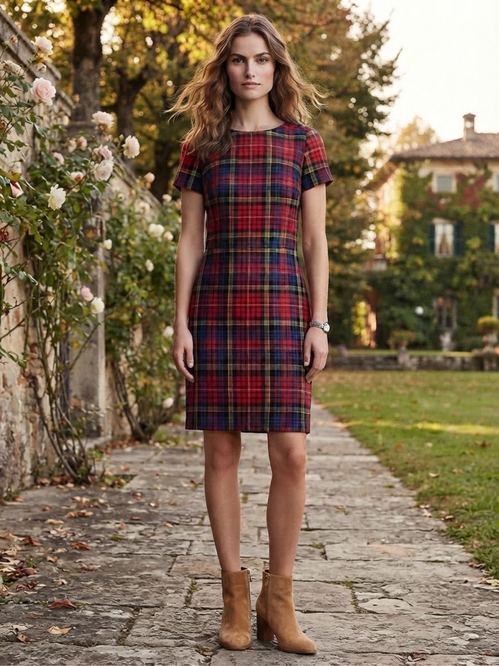 Brooks Brothers Red and Navy Plaid Short-Sleeve Wool Shift Dress